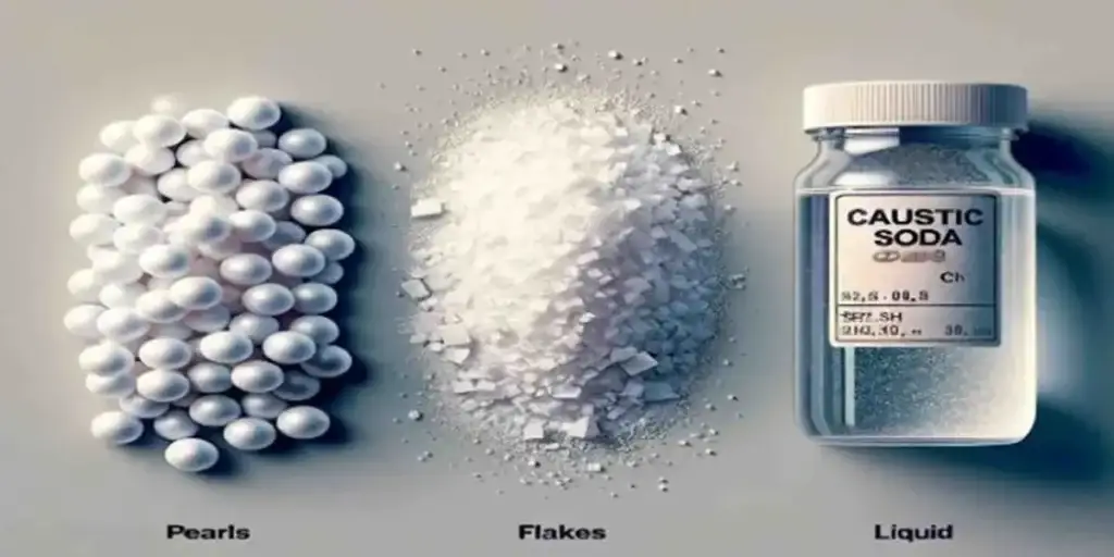 Caustic Soda Pearls Video Guide: Industrial caustic soda forms: round pearls, flat flakes, and liquid sodium hydroxide, showing size, shape, and texture for comparison.