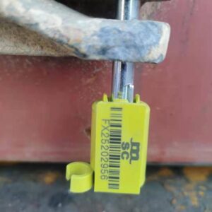 Security seal applied to a container of Sodium Hydroxide (Caustic Soda) Pearls to Europe 