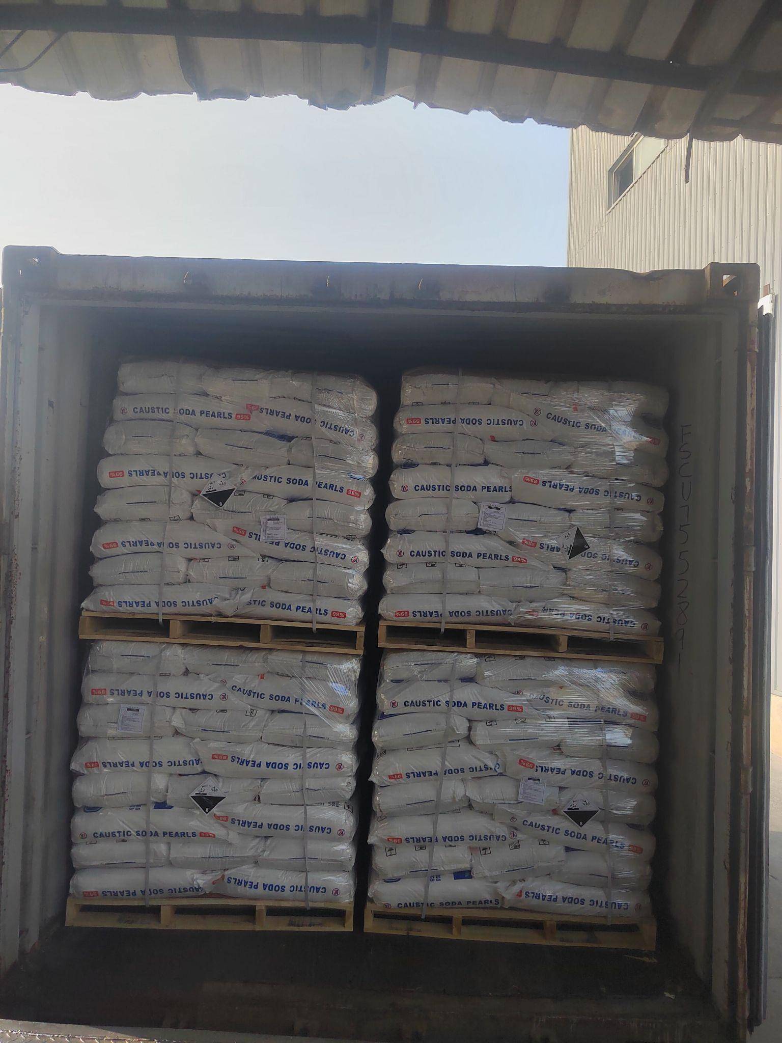 Securely packaged caustic soda pearls prepared for international shipment to the USA