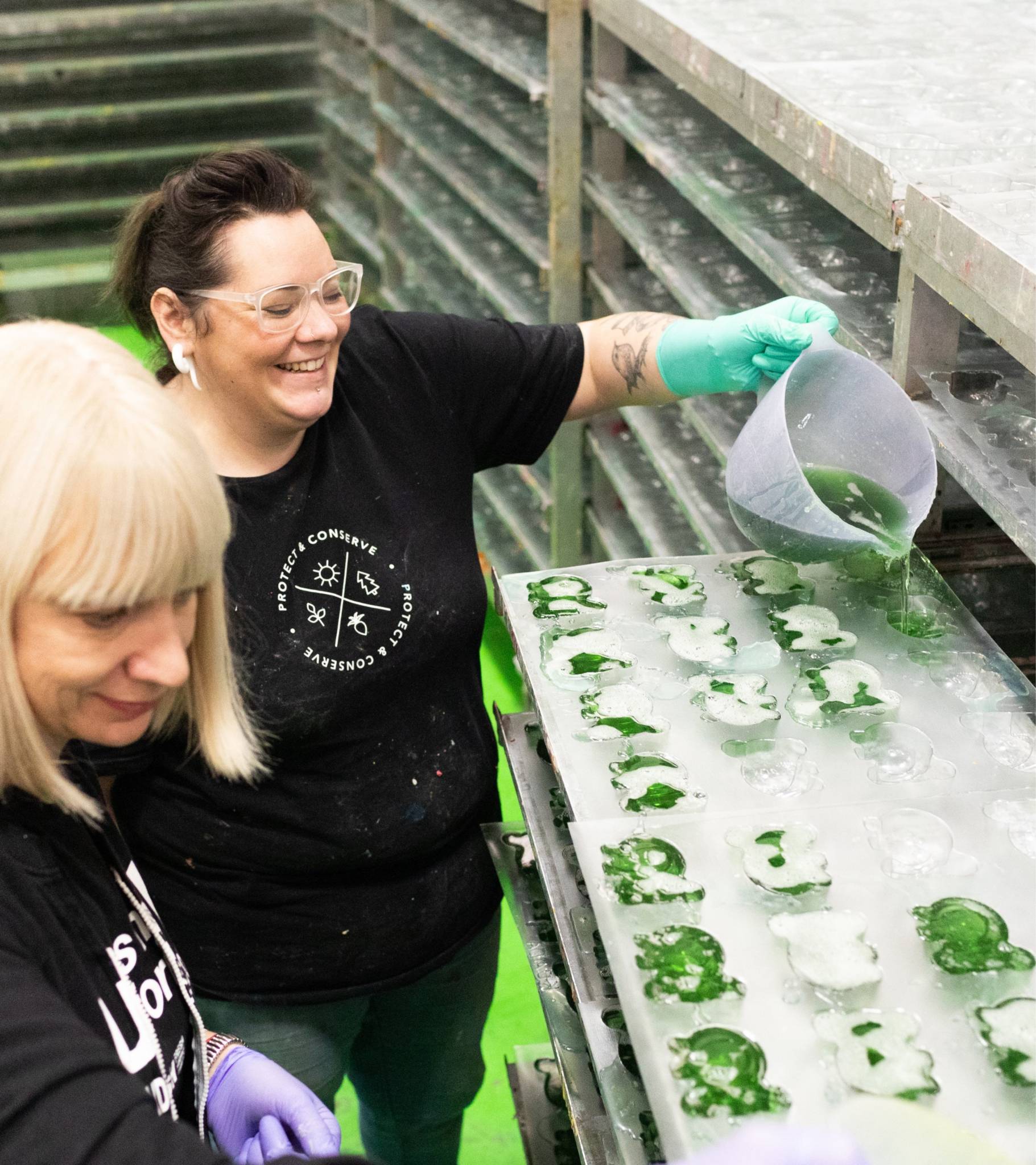 Sodium hydroxide for soap making being poured into molds during production.