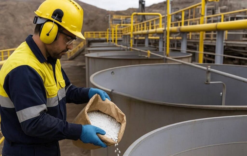 Caustic soda in gold processing at industrial mining facility