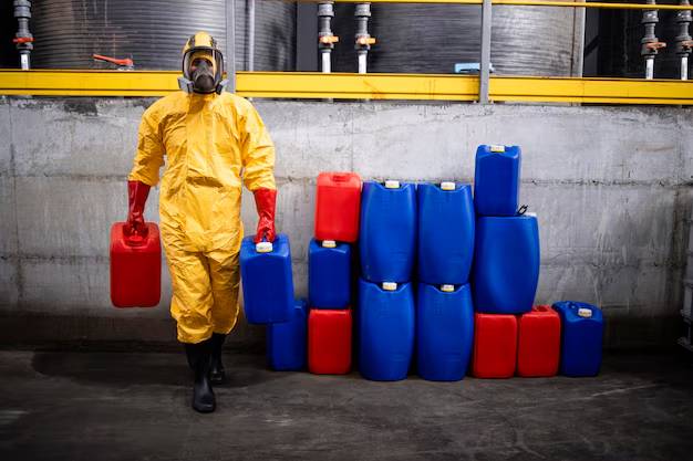 Image of a worker, in full PPE kit, handling chemicals.