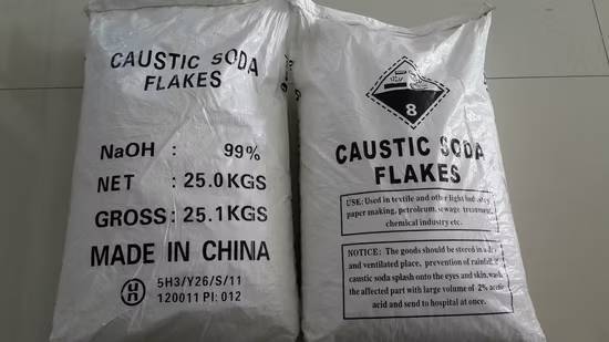 Caustic soda flakes packaged in industrial bags for textile and leather processing