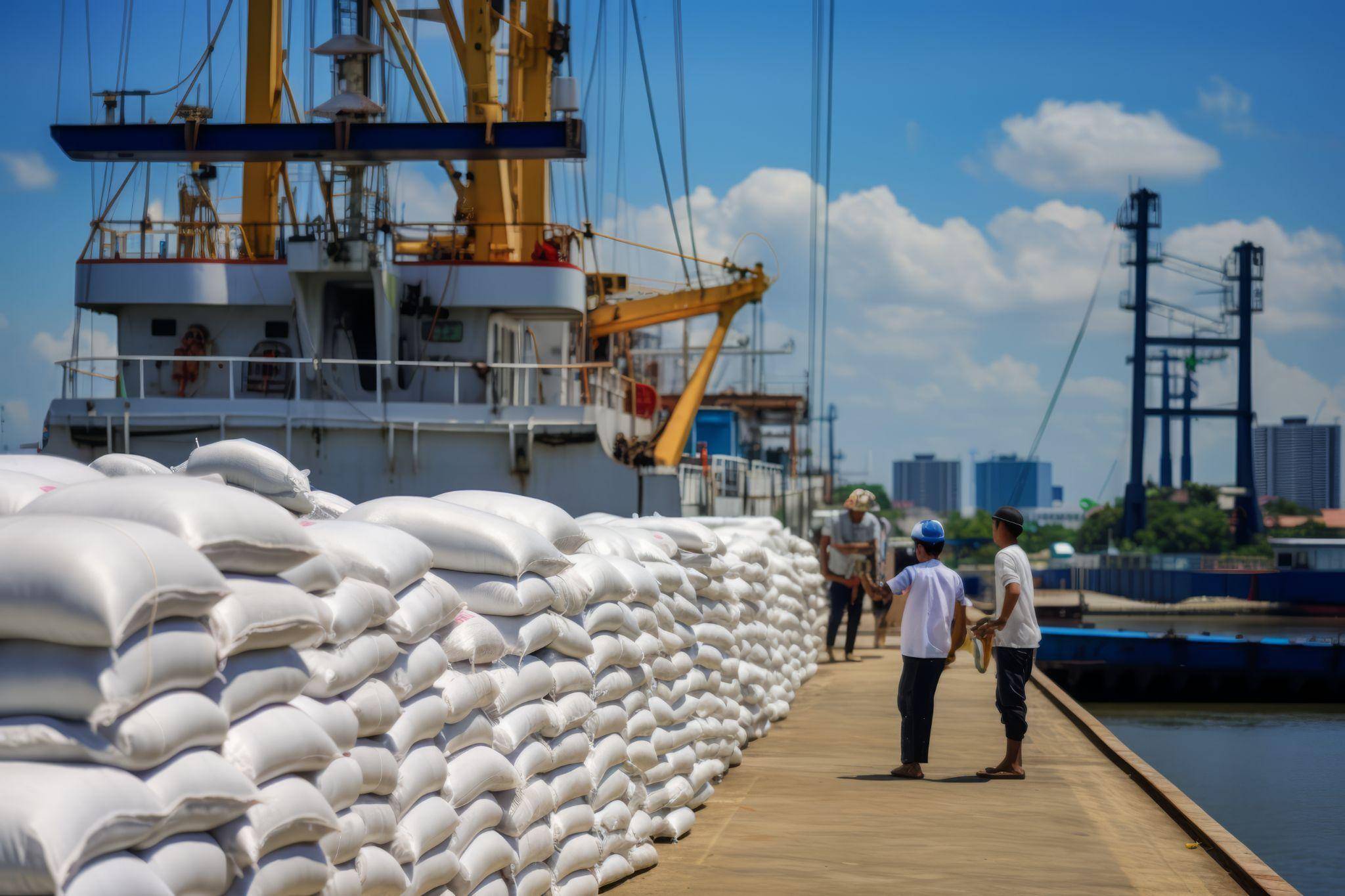 Workers handling bulk chemical sacks at an international shipping port