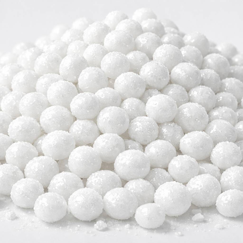 Close-up of pure white sodium hydroxide pearls from Cama Caustic Soda 