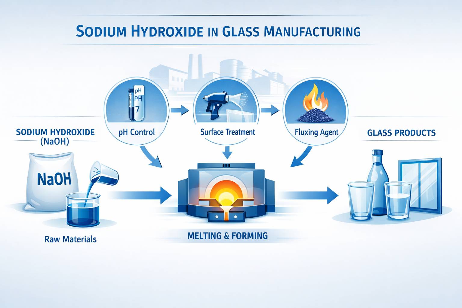  Infographic showing the role of sodium hydroxide pearls in glass manufacturing by Cama Caustic Soda