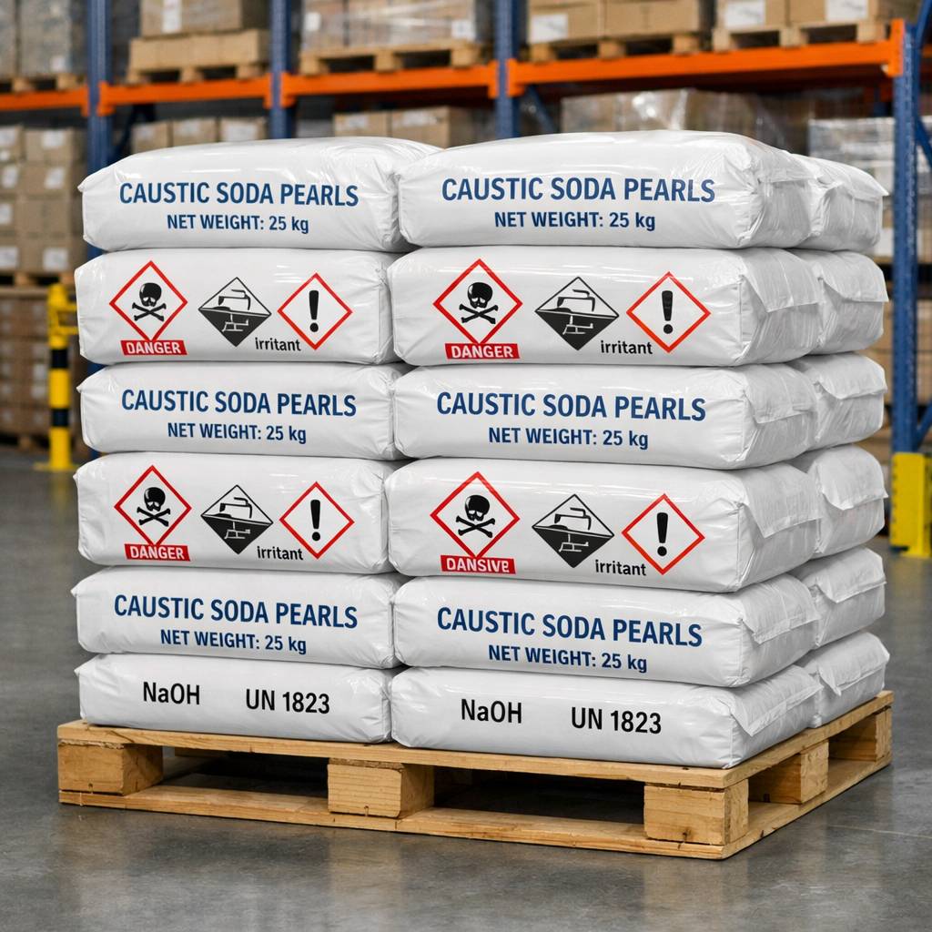 Stacked 25kg bags of Cama Caustic Soda pearls on a pallet in a warehouse