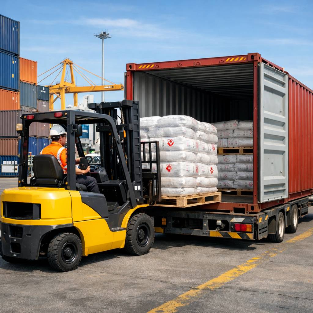  Forklift loading pallets of sodium hydroxide pearls into a shipping container for export by Cama Caustic Soda