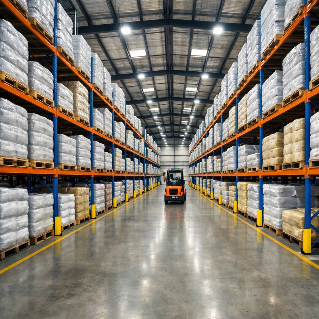 Pallets of industrial chemicals, including sodium hydroxide pearls, stored in a well-organized Australian warehouse.