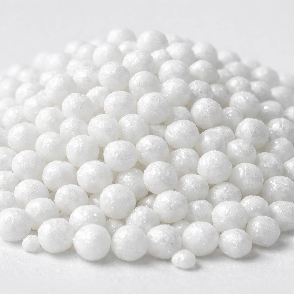 Macro shot of uniform white sodium hydroxide pearls, ideal for industrial use. 