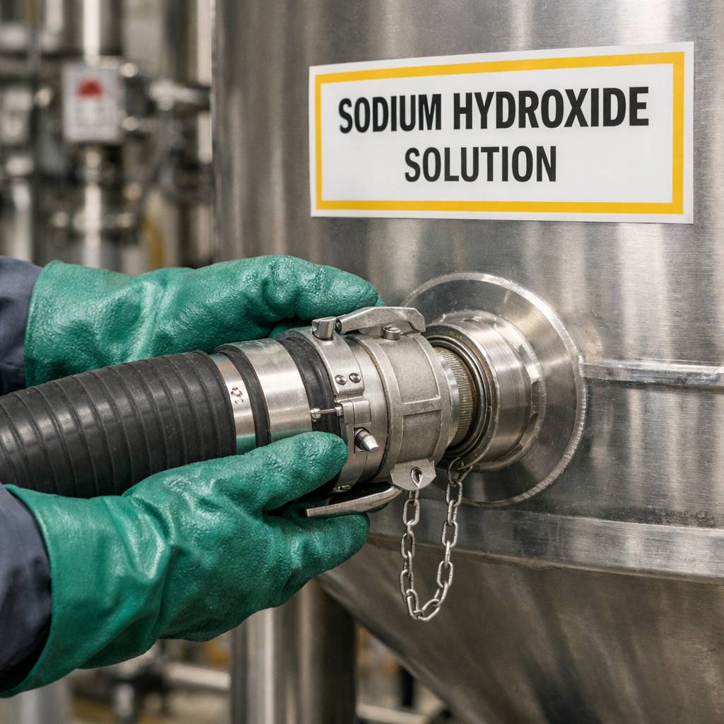 Industrial worker connecting a hose to a sodium hydroxide solution storage tank.
