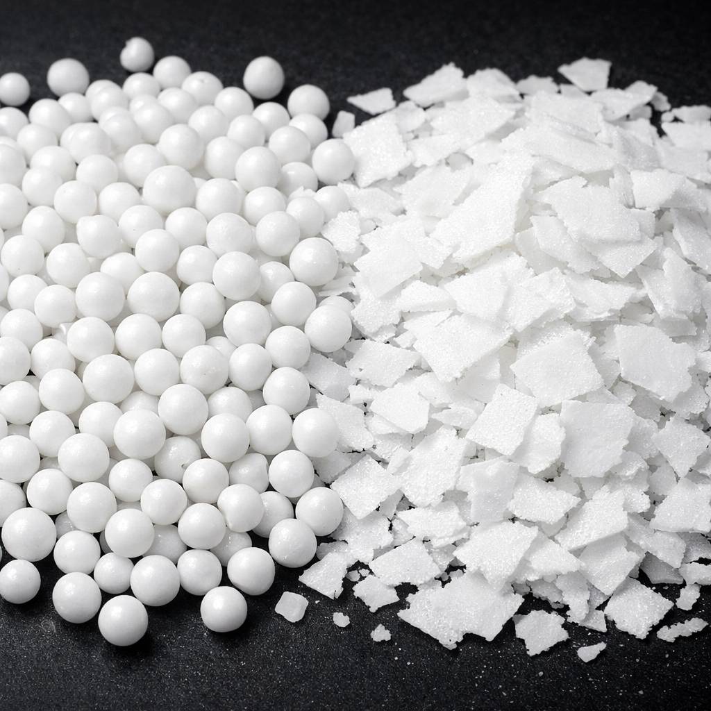 High-resolution close-up of pure white caustic soda pearls and flakes side by side