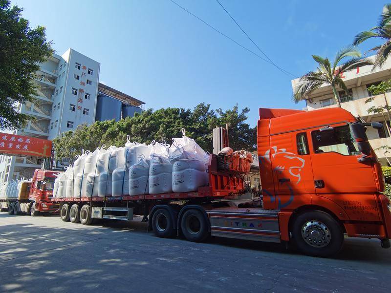 Forklift loading pallets of 25kg bags of caustic soda into a shipping container at a factory